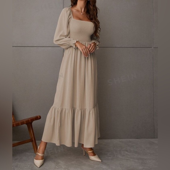SHEIN Khaki Square Neck Shirred Ruffle Hem Dress- Size M - Picture 3 of 13